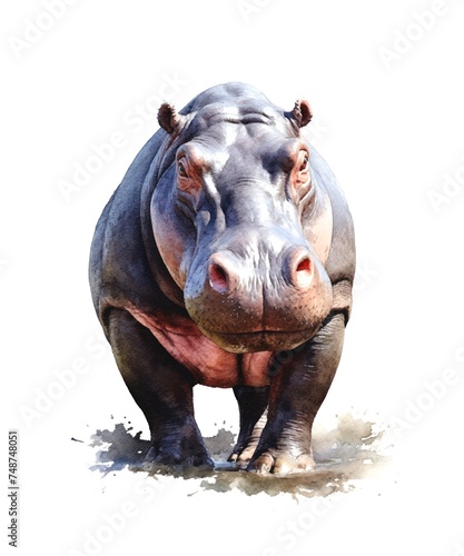 Watercolor illustration of a hippopotamus isolated on white background.