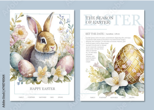Easter or Spring, Watercolor Posters, Menu or Invitation card for Print. Editable vector files with Alluring Watercolor Objects, A Romantic and soft Feeling.
