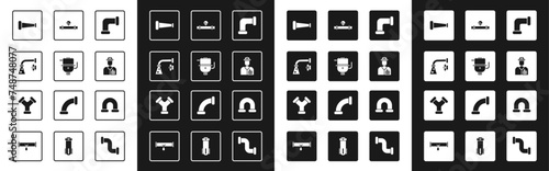 Set Industry metallic pipe, Electric boiler for heating water, Water tap, Plumber, and manometer, and icon. Vector