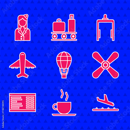 Set Hot air balloon, Coffee cup, Plane landing, propeller, Airport board, Metal detector airport and Stewardess icon. Vector
