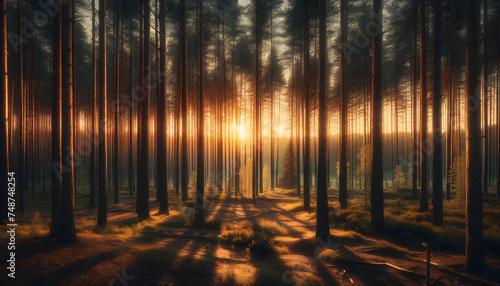 A serene forest scene during sunset. Tall pine trees fill the landscape  their trunks standing tall and straight  creating long shadows on the forest