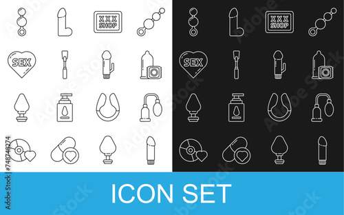 Set line Dildo vibrator, Penis pump, Condom, Sex shop, Leather whip, Heart with text, Anal beads and icon. Vector
