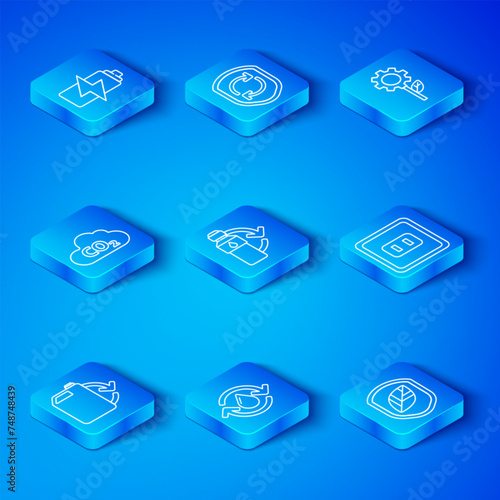 Set line Eco fuel canister, Recycling plastic bottle, Recycle clean aqua, Electrical outlet, Leaf plant gear machine, CO2 emissions cloud, Battery and Shield with leaf icon. Vector