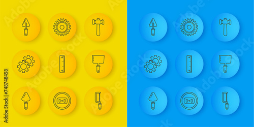 Set line Trowel, Gear, Ruler, Hacksaw, Putty knife, Hammer and Circular blade icon. Vector