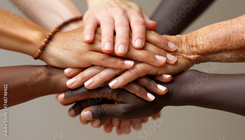 A pile of diverse hands on top of each other, symbolizing unity, strength, and the beauty of diversity. 