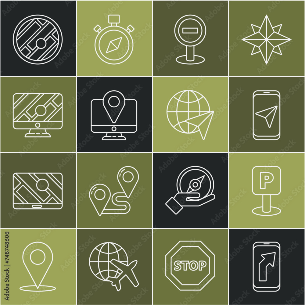 Set line City map navigation, Parking, Stop sign, Monitor with location marker, Folded and Globe flying plane icon. Vector Set line City map navigation, Parking, Stop sign, Monitor with location marker, Folded and Globe flying plane icon. Vector