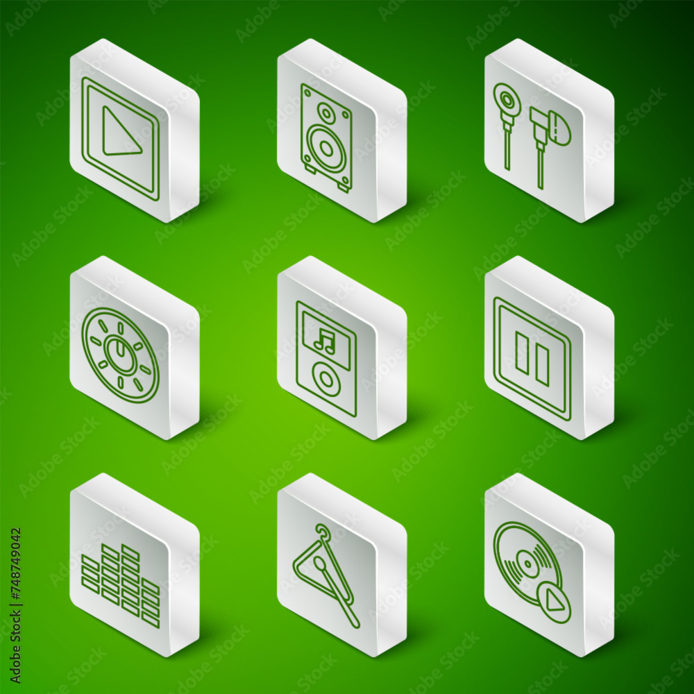 Set line Vinyl disk, Triangle musical instrument, Play square, Music player, Dial knob level technology settings, Stereo speaker, equalizer and Pause button icon. Vector Set line Vinyl disk, Triangle musical instrument, Play square, Music player, Dial knob level technology settings, Stereo speaker, equalizer and Pause button icon. Vector