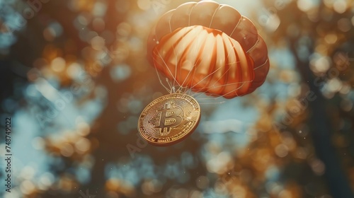 A cryptocurrency coin with a parachute, landing safely thanks to regulations.