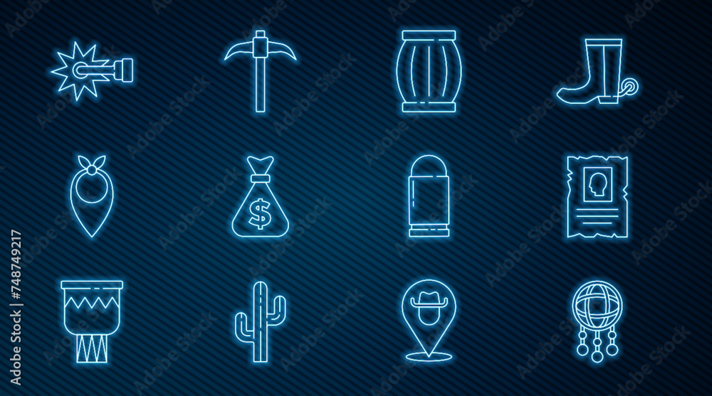 Set line Dream catcher with feathers, Wanted western poster, Gun powder barrel, Money bag, Cowboy bandana, Spur, Bullet and Pickaxe icon. Vector Set line Dream catcher with feathers, Wanted western poster, Gun powder barrel, Money bag, Cowboy bandana, Spur, Bullet and Pickaxe icon. Vector