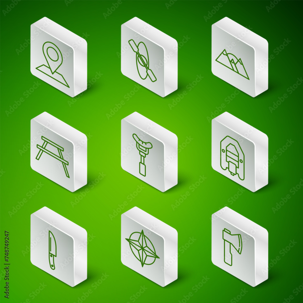 Set line Wooden axe, Wind rose, Location, Sausage the fork, Picnic table with benches, Kayak canoe, Knife and Rafting boat icon. Vector Set line Wooden axe, Wind rose, Location, Sausage the fork, Picnic table with benches, Kayak canoe, Knife and Rafting boat icon. Vector