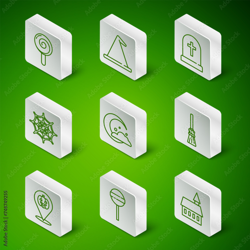 Set line Castle, Lollipop, Moon and stars, Spider web, Witch hat, Pumpkin and Witches broom icon. Vector Set line Castle, Lollipop, Moon and stars, Spider web, Witch hat, Pumpkin and Witches broom icon. Vector