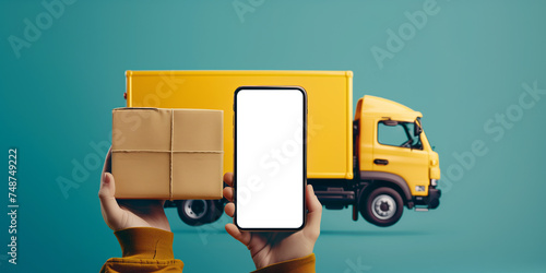 Delivery,mail and shipping,delivery man Checking Portable Device with Asian woman sign in digital Smartphone before receiving parcel or receive package,she appending signature in mobile phone at home. photo