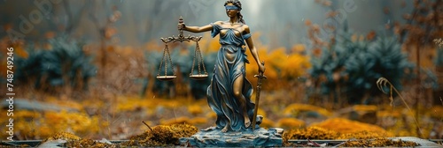Statue of justice on the background of the autumn forest. Scales of justice