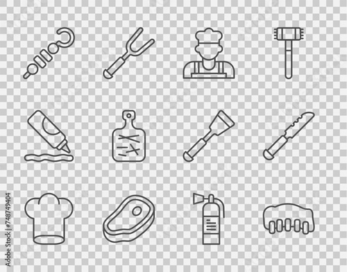 Set line Chef hat, Grilled pork bbq ribs, Cook, Steak meat, shish kebab, Cutting board, Fire extinguisher and Bread knife icon. Vector