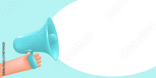 Conceptual advertising banner, loudspeaker in hand, megaphone  with space for text or slogan.