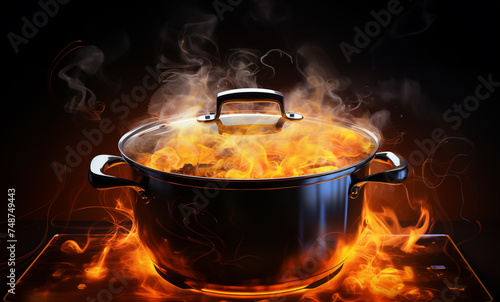 Closeup cook food with fire. burn food in pot