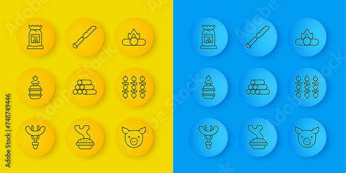 Set line Sausage on the fork, Camping gas stove, Wooden logs, Pig, Grilled shish kebab, Barbecue coal bag, Campfire and Bread knife icon. Vector