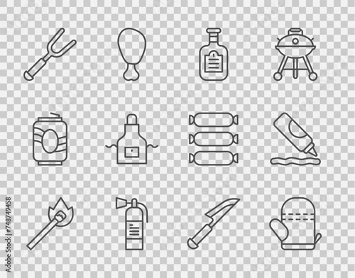 Set line Burning match with fire, Oven glove, Sauce bottle, Fire extinguisher, Barbecue fork, Kitchen apron, Knife and Ketchup icon. Vector