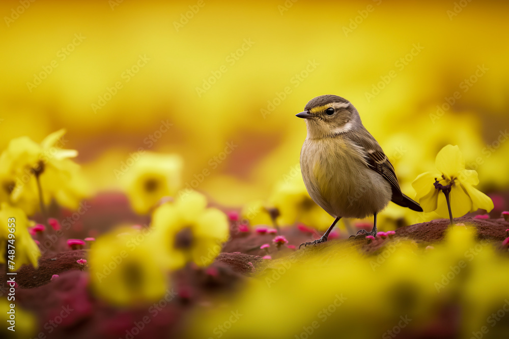 A small bird stands amidst vibrant yellow flowers, creating a contrast between nature’s simplicity and its colorful splendor, ai generative