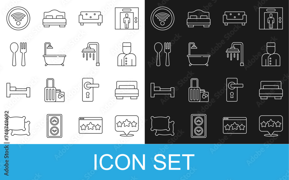 Set line Five stars rating review, Hotel room bed, Concierge, Sofa, Bathtub with shower, Fork and spoon, Wi-Fi wireless and Shower icon. Vector Set line Five stars rating review, Hotel room bed, Concierge, Sofa, Bathtub with shower, Fork and spoon, Wi-Fi wireless and Shower icon. Vector