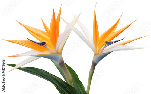 Two vibrant orange and white Birds of Paradise flowers are in full bloom, showcasing their unique shape and coloration. The flowers stand tall attracting pollinators with their striking appearance.