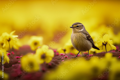 A small bird stands amidst vibrant yellow flowers, creating a contrast between nature’s simplicity and its colorful splendor, ai generative