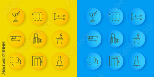 Set line Pillow, Bathtub, Suitcase, Hotel service bell, Champagne in an bucket, Martini glass, room bed and Heating radiator icon. Vector