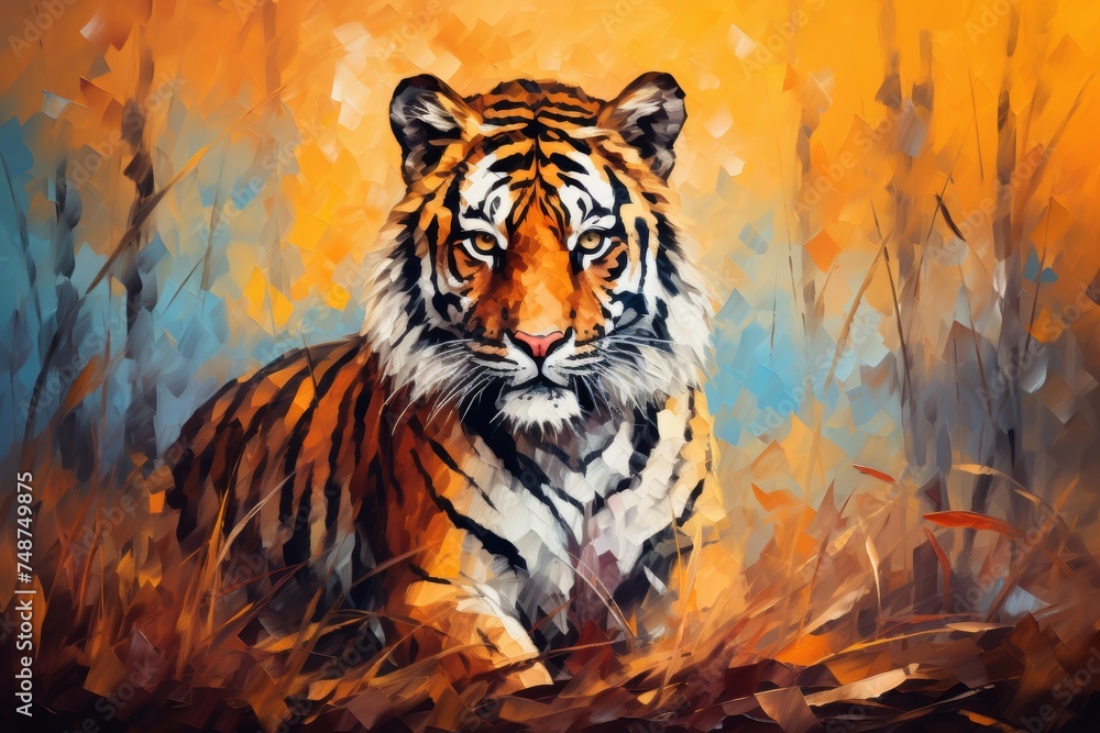 Stunning oil painting majestic tiger in wild natural habitat, capturing the beauty of wildlife.