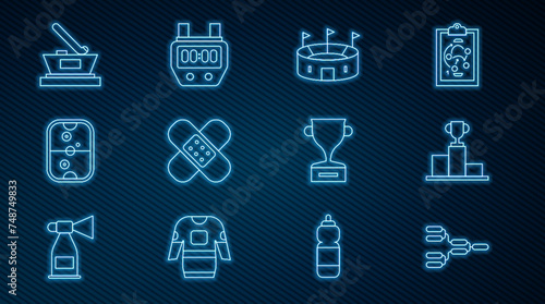 Set line Championship tournament bracket, Hockey over sports winner podium, stadium, Crossed bandage plaster, Air hockey table, Ice cup champion, Award and Stopwatch icon. Vector