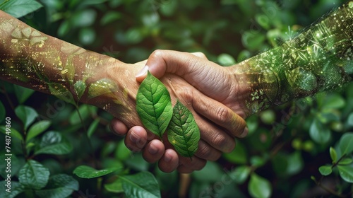 A digital handshake between two green, leafy hands, symbolizing eco friendly partnerships.