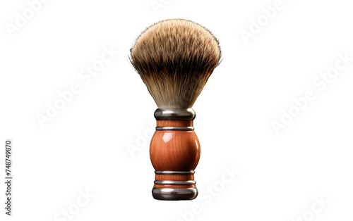 A detailed close up of a shaving brush with bristles made of badger hair, resting on a plain white background. The brush appears clean and well cared for, with a shiny metal handle visible.