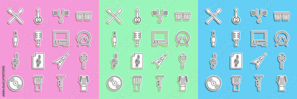 Set line Guitar, Maracas, Drum and drum sticks, Musical tuning fork, Microphone, Audio jack, and Voice assistant icon. Vector Set line Guitar, Maracas, Drum and drum sticks, Musical tuning fork, Microphone, Audio jack, and Voice assistant icon. Vector