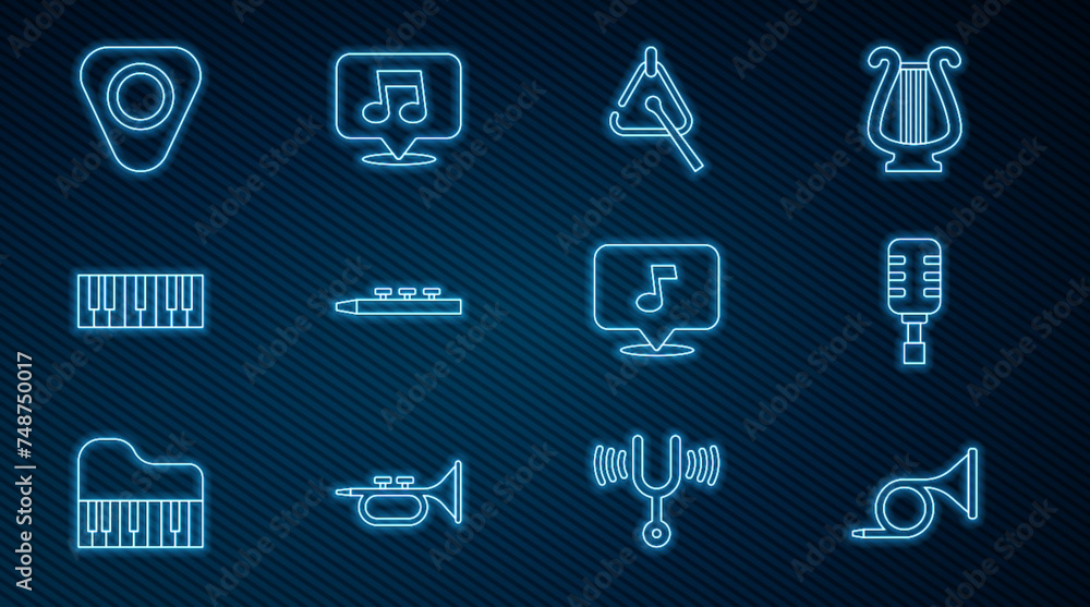 Set line Trumpet, Microphone, Triangle, Drum and drum sticks, Music synthesizer, Guitar pick, note, tone and icon. Vector