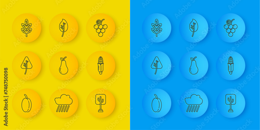 Set line Plum fruit, Leaf or leaves, Pear, Tree, Corn, Grape and icon. Vector Set line Plum fruit, Leaf or leaves, Pear, Tree, Corn, Grape and icon. Vector