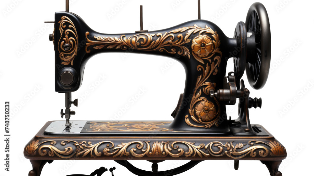 Vintage Cast Iron Sewing Machine with Intricate Details on white background