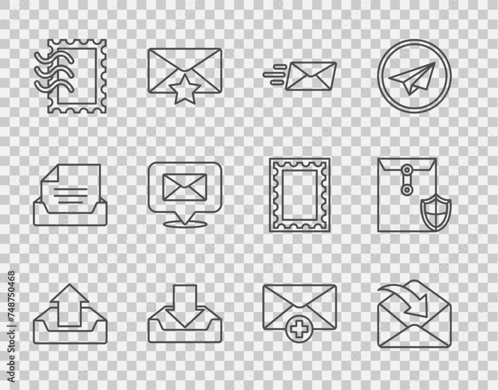 Set line Upload inbox, Envelope, Express envelope, Download, Postal stamp, Speech bubble with, Received message concept and shield icon. Vector Set line Upload inbox, Envelope, Express envelope, Download, Postal stamp, Speech bubble with, Received message concept and shield icon. Vector