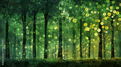 A forest of trees, each leaf a different digital currency symbol. © Warut