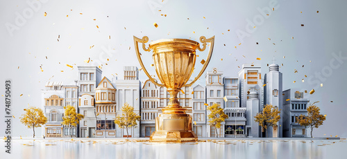 trophée en or devant une ville, pour un concours ou une élection  photo