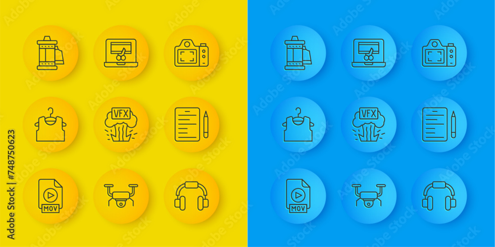 Set line MOV file document, Sleeveless T-shirt, VFX, Headphones, Scenario, Camera roll cartridge, Photo camera and Video recorder laptop icon. Vector Set line MOV file document, Sleeveless T-shirt, VFX, Headphones, Scenario, Camera roll cartridge, Photo camera and Video recorder laptop icon. Vector