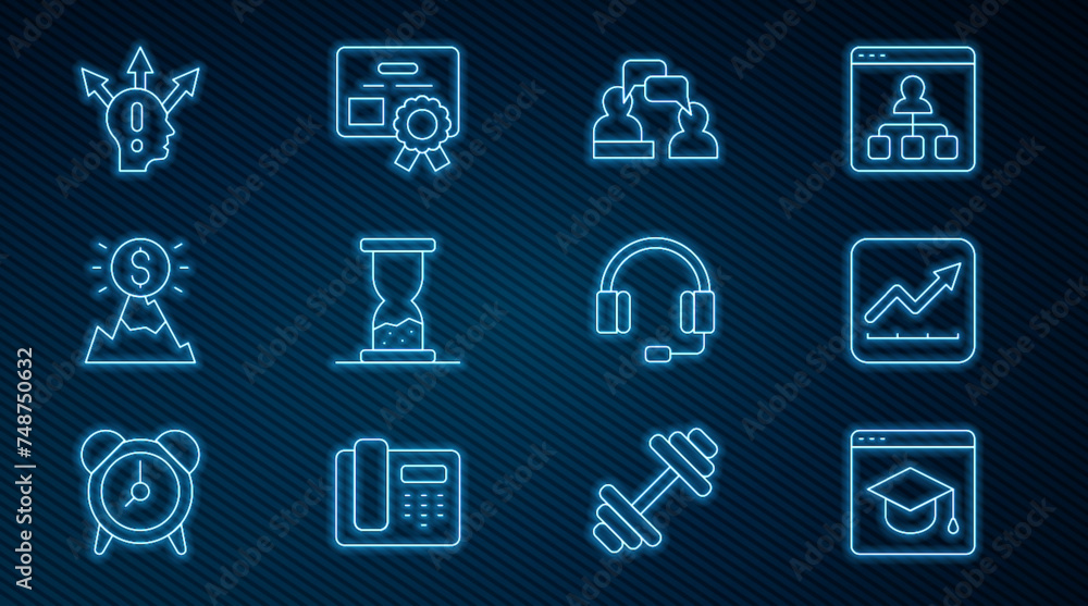 Set line Online education, Financial growth increase, Two sitting men talking, Old hourglass with sand, Mountains flag, Project team base, Headphones and Certificate template icon. Vector Set line Online education, Financial growth increase, Two sitting men talking, Old hourglass with sand, Mountains flag, Project team base, Headphones and Certificate template icon. Vector