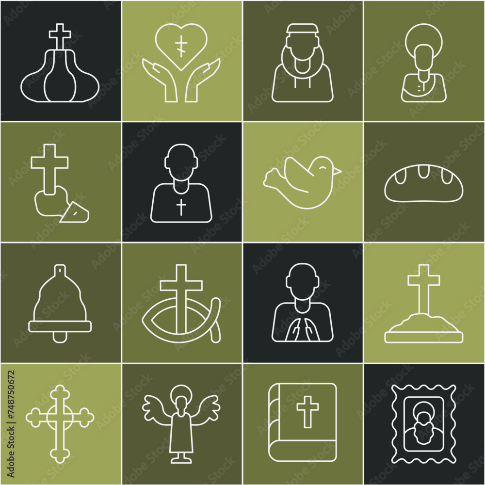 Set line Christian icon, Grave with cross, Bread loaf, Monk, Priest, Church tower and Dove icon. Vector Set line Christian icon, Grave with cross, Bread loaf, Monk, Priest, Church tower and Dove icon. Vector