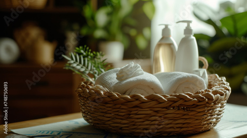 Wicker Basket with Neatly Folded Towels and Detergent Bottles on a Table