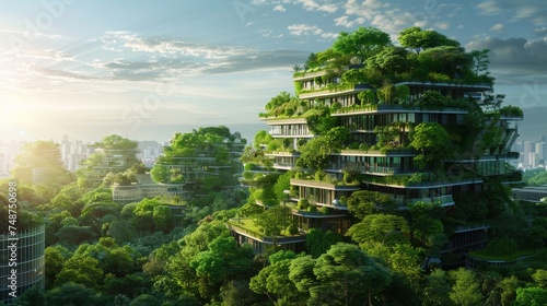 A futuristic cityscape where buildings are covered in greenery, and the sky is adorned with digital networks, highlighting a blend of urban development and environmental sustainability. © Exnoi