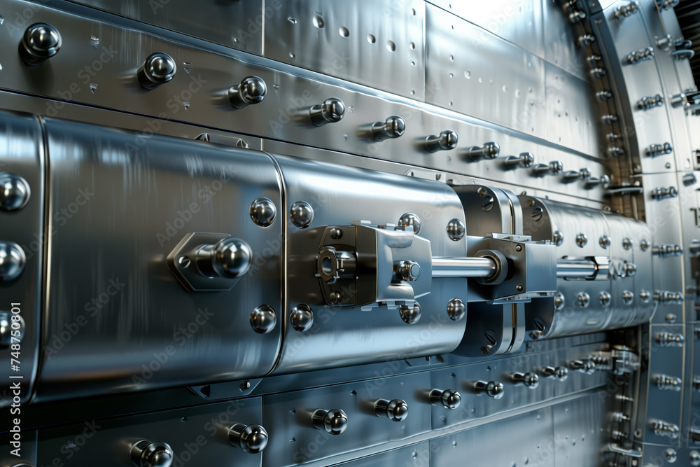 Secure Vault Mechanics. Detailed view of a secure metal vault door mechanism. Secure Vault Mechanics. Detailed view of a secure metal vault door mechanism.