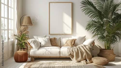 Scandinavian-inspired minimalist living room, photo frame mock-up, a cozy sofa, decorative pillows, a snug blanket, a tropical plant accent, and a lamp, exuding warmth and simplicity © DJSPIDA FOTO