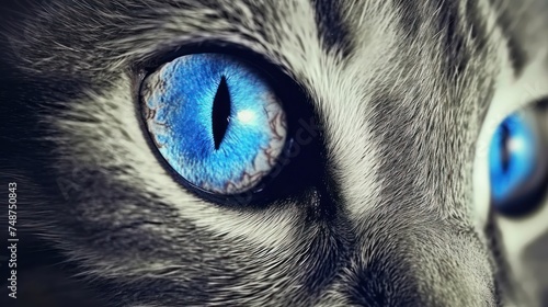 a close up of a cat's blue eye with a black cat's head in the foreground.