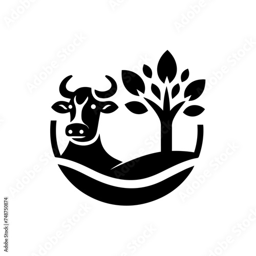 Cow logo vector with a tree isolated on white background 