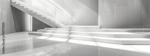 Minimalist White Staircase with Shadow Patterns. A minimalist architectural interior focuses on a white staircase with dramatic shadow patterns created by streaming sunlight.