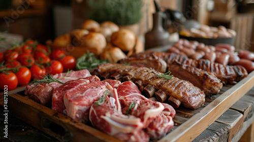 succulent selection of meats including ribs, lamb chops, and steak, focusing on the textures, rich colors, and the enticing aroma, set in a rustic kitchen