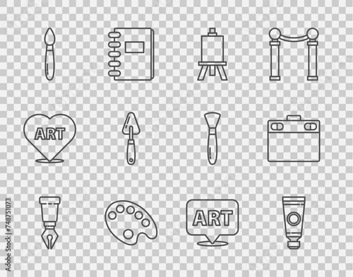 Set line Fountain pen nib, Tube with paint palette, Easel or painting art boards, Palette, Paint brush, knife, Speech bubble text and Graphic tablet icon. Vector